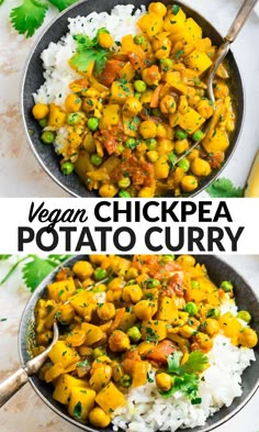 vegan chickpea potato curry in a bowl with rice and cilantro