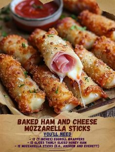 an advertisement for baked ham and cheese mozzarella sticks with sauce on the side