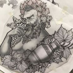 a drawing of a bearded man holding a keg with grapes and leaves around him