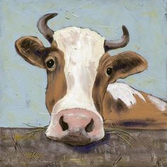 a painting of a brown and white cow with horns on it's head is shown