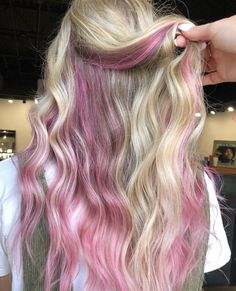 Blonde With Pink Underneath, Pink Streaks In Blonde Hair, Blonde Hair With Color Peekaboos, Pink Chunky Highlights, Pink Highlights In Blonde Hair, Pink Underneath Hair, Utah Hair, Piercings Alternative, Underdye Hair