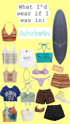 Everything besides the shoes, jewelry, ticket, and surfboard can be found on SHEIN! Outerbanks Aethstetic Outfit, Cute Surfboards, Vintage Preppy Outfits, Beachy Aesthetic Outfits, Casual Summer Outfits Dresses, Shein Summer Outfits, Vsco Aesthetic Outfits, Pogue Life Outfits