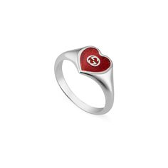 Style ‎645544 J8410 8133Here, the desire for experimentation outside the typical limitations of fashion is etched into the base of a stenciled Interlocking G heart ring presented with red enamel. These transparency of these intricate details serve Gucci’s mission to show the world behind its visionary creations.925 sterling silverRed enamel with silver Interlocking G stencilEngraved details at base of heartExtra small size heart: .4"Size: 6.75Made in Italy Gucci Heart Ring, Gucci Ring, G Ring, Gucci Rings, Fall Rings, Silver Heart Ring, Gucci Jewelry, Enamel Ring, Pave Ring