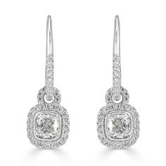 1.77ct Cushion Cut Diamond Dangle Earrings in 18k White Gold Luxury Cushion Cut Diamond Earrings With Accents, Luxury Cushion Cut Diamond White Diamond Earrings, Mark Broumand, Cushion Cut Diamond, Diamond Dangle Earrings, Cushion Cut Diamonds, Micro Pave, Round Brilliant Cut Diamond, Cushion Cut