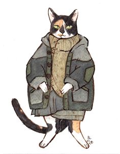 a drawing of a cat wearing a coat