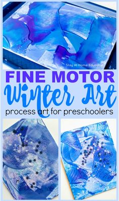 fine motor winter art project for preschoolers with blue and white paper, stars and snowflakes