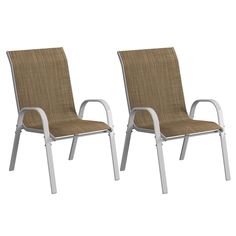 two chairs with arms and legs, one is brown and the other has white frame