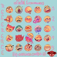 an assortment of emoticions with different expressions and numbers on blue background, including the words facial expressions