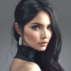 a digital painting of a woman with long black hair and large earrings on her neck