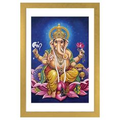 an image of the god ganesha with flowers in his hand and eyes closed