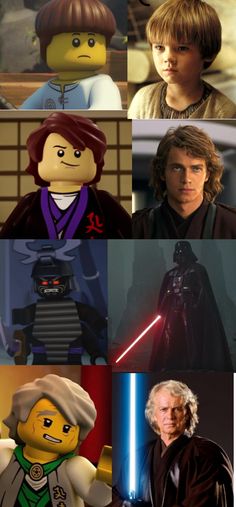 lego star wars characters with different facial expressions and hair styles, including the lightsaben