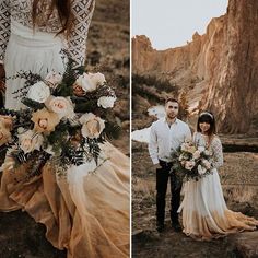 a couple standing next to each other in front of mountains and rocks with flowers on them