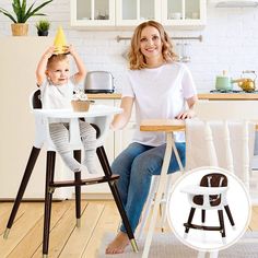 a woman sitting at a table with a baby in a high chair