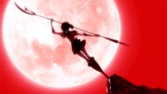 the silhouette of a woman holding an arrow in front of a full moon with red background