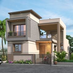 this is an artist's rendering of a two story house with balconyes and balconies