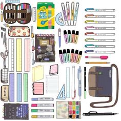 an assortment of school supplies including pens, pencils, markers and other items on a white background