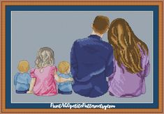 a cross stitch picture of a family sitting on the ground with their backs to each other