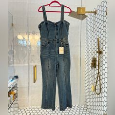 Bnwt All Items Come From Pet Friendly, Smoke Free Home Fitted Denim Jumpsuit With Bib Front, Fitted Light Wash Overalls, Red Trench Coat, Rayon Pants, Blue Romper, Bow Detail Dress, People Shopping, Pleated Shorts, Floral Jumpsuit