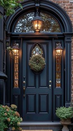 a blue front door with two potted plants on the steps and a light fixture above it