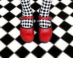 This fun picture was taken in London, England.      We just happened to be passing a step that matched my daughter's socks and I said "quick, hop up a Black And Red Checkered, Red Mary Jane Shoes, Checkered Socks, All Things Red, Shoe Gallery, Red Checkered, Fashion Socks, Black & White, White And Red