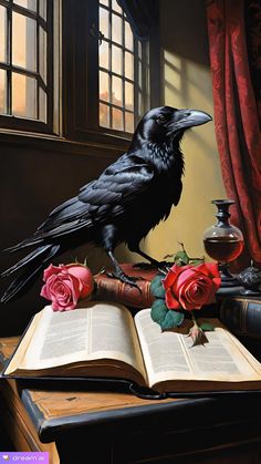 a painting of a crow sitting on top of an open book next to two roses