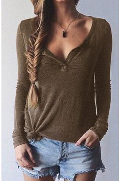 Brown Plunge Casual Design Blouse with Long Sleeves Estilo Hippie, Short Hairstyle, Beautiful Sweater, Women Sweater, Casual Sweaters, Outfits Casuales, Look Fashion, Spring Outfits