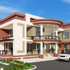 a car is parked in front of a two story house with balconies on the second floor