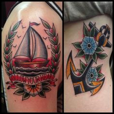 two different tattoos on the side of their thighs, one with an anchor and another with a sailboat