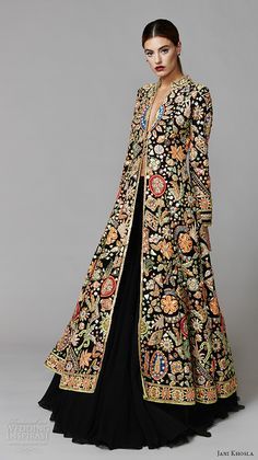 jani khosla 2015 bridal evening dress long sleeves exotica shalwar kameez lehenga embroidered velvet jacket gold gota multicolor resham Shurgs Designs, Dressy Clothes, Bulgarian Clothing, Evening Dress Long, Mode Kimono, Project Runway, Embroidery Motifs, فستان سهرة, Dusters