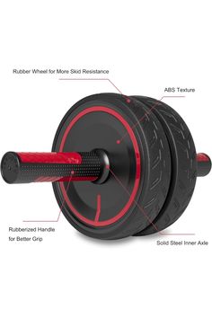 an image of a red and black exercise wheel with instructions on the front, side view