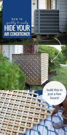 an air conditioner being installed on the side of a house with text overlay that reads, how to hide your air conditioner build this in just a few hours