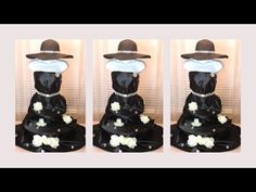 three pictures of a mannequin wearing a hat and dress with flowers on it