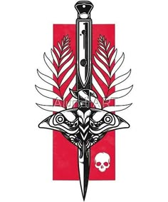 a dagger with skulls and feathers on it, in front of a red background illustration