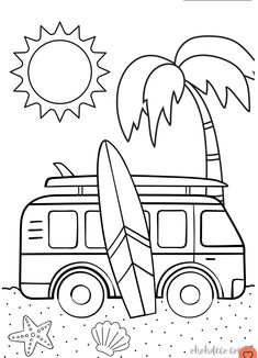 a coloring page with a van and surfboard on the beach