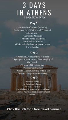 the poster for 3 days in athen's, with information about its locations