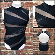 a black and white bodysuit with sheer mesh on the sides, front and back