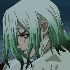 an anime character with green hair staring at something in the distance while standing next to him