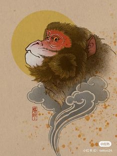 an illustration of a monkey with clouds and sun in the background