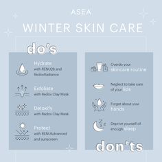 Make sure you're ready for the harsh winds and cold air this winter season. ASEA skin care products can help your skin stay hydrated and nourished*—from RENU28@ which hydrates and moisturizes your skin to RENUAdvanced® Skin and Body Care system which protects your skin barrier. There are plenty of common do's and don'ts during the cold winter months that ASEA skin care products are ready to help with. Take a look and get ready to step it up! Winter Skincare Tips, Skincare Story, Girly Hacks, Seasonal Skincare, Moisturizer For Combination Skin, Winter Skin Care Routine, Winter Skincare, Marketing Inspiration, Skin Aesthetics