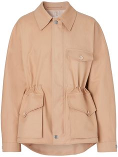 beige cotton classic collar concealed front fastening long sleeves elasticated waistband front flap pockets high-low hem Beige Long Sleeve Outerwear With Concealed Fastening, Classic Beige Utility Jacket With Flap Pockets, Beige Gabardine Outerwear With Pockets, Cinch Jacket, Cotton Jackets Women, British Outfits, Burberry Jacket, Casual Jackets, Field Jacket