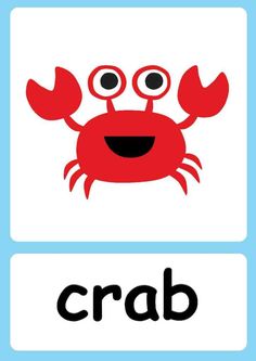 the word crab is written in black and white with an image of a red crab