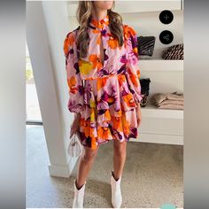 Elliatt Zaida Orange Floral Print Cut-Out Front Long Sleeve Mini Dress Size Small New With Tags Soo Gorgeous Retail Value Is $230.00 + Tax Floral Print - Collared Neckline - Long Sleeved - Fit And Flare Style - Cinched In Waist - Pleated Mini Skirt - 100% Polyester L: 92% Polyester 8% Spandex Please Check All Pictures And Video Sold As Is !! No Trades Anyone Asking Will Be Blocked! Reasonable Offers Will Always Be Considered ! Check My Closet For More Elliatt Items Trusted Reliable Seller ! Chec Jovani Prom, Orange Floral Print, Ronny Kobo, Pleated Mini Skirt, Long Sleeve Mini, Long Sleeve Mini Dress, Print And Cut, Fit And Flare, New Color