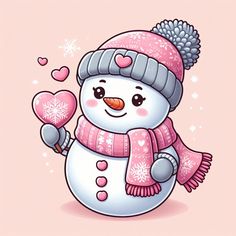 a cartoon snowman holding a heart shaped lollipop in one hand and wearing a knitted hat on the other