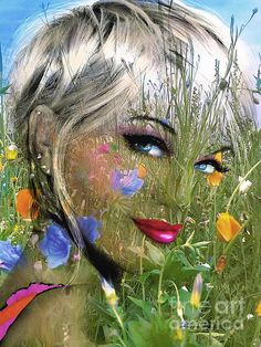 a woman's face with flowers in her hair and blue eyes is surrounded by wildflowers