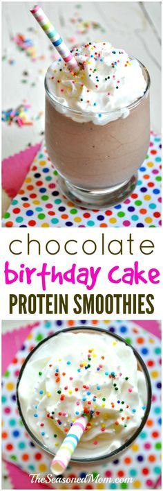 chocolate birthday cake protein smoothies with whipped cream and sprinkles