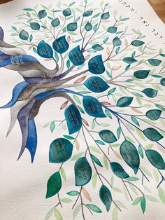 a tree with blue leaves on it is painted in watercolor and has words written underneath the branches