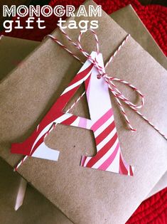 some brown paper bags with red and white stripes on them