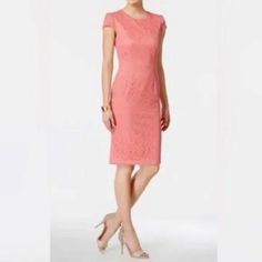 Beautiful, Light, Soft Pink All Lace Body With A Scoop Neckline, Slightly Puffed Cap Sleeves And Knee Length Skirt. Fully Lined Cap Sleeves Coral Color Size: Womens 6 Condition: New Without Tags Nwot, Perfect Condition A6 Spring Sheath Bodycon Midi Dress, Spring Bodycon Sheath Midi Dress, Spring Fitted Sheath Midi Dress, Fitted Sheath Midi Dress For Spring, Spring Formal Bodycon Dress, Fitted Sheath Spring Dress, Fitted Sheath Dress For Spring, Spring Bodycon Sheath Dress, Sheer Embroidered Dress