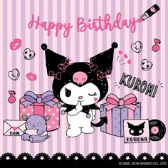 a cartoon character holding a gift box with the words happy birthday written in pink and black