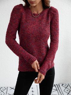 Wine Fitted Burgundy Crew Neck Sweater, Fitted Long Sleeve Holiday Sweater, Fall Party Sweater With Textured Knit, Fall Party Textured Knit Sweater, Puff Sleeve Sweater, Wine Top, Comfortable Sweater, Usa Outfit, Stylish Sweaters